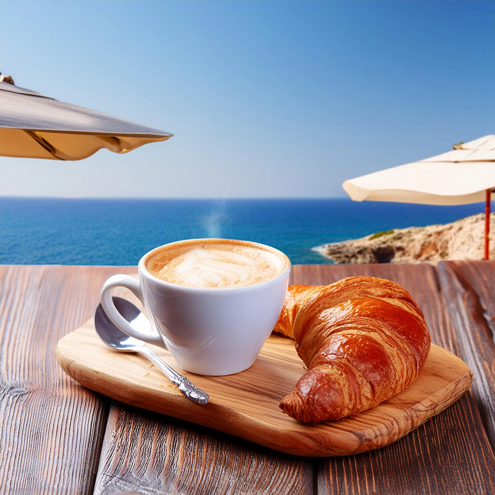 Kawa Flat white w białej filiżance z kroasantem w Australijskiej kawiarni nad oceanem