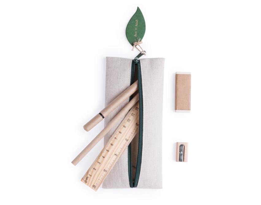 Eco zestaw szkolny z logo: juta, bawełna, neutralny piórnik
