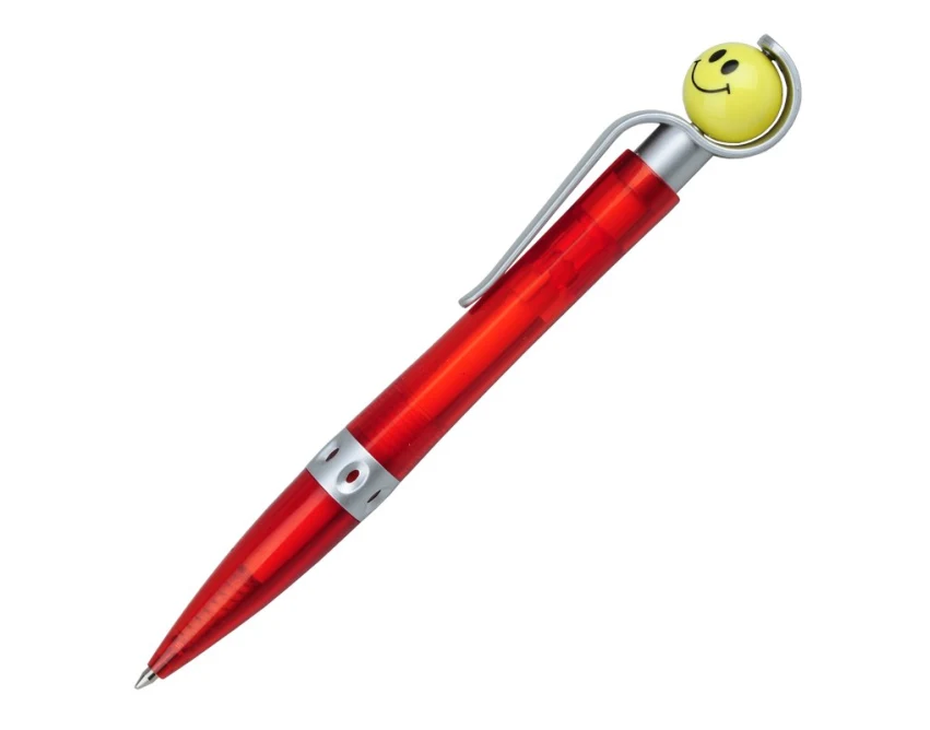 Długopis Happy czerwony z buźką i logo – plastik, obrotowy