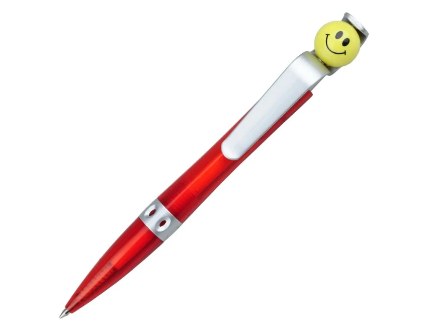 Długopis Happy czerwony z buźką i logo – plastik, obrotowy