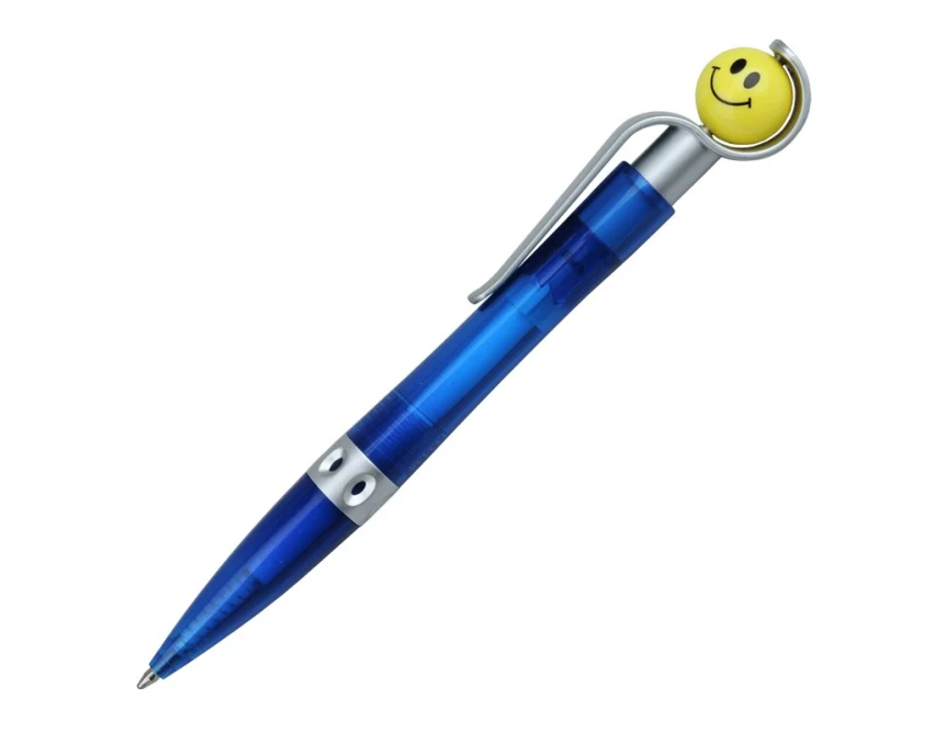Niebieski długopis Happy z żółtą kulką i logo firmy