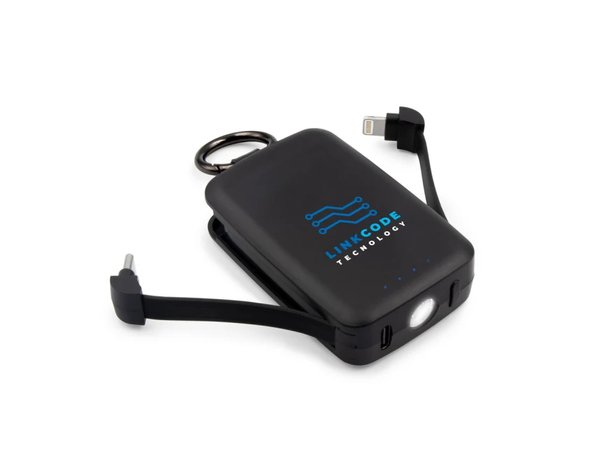 Czarny power bank 4000 mAh z karabińczykiem i lampką LED