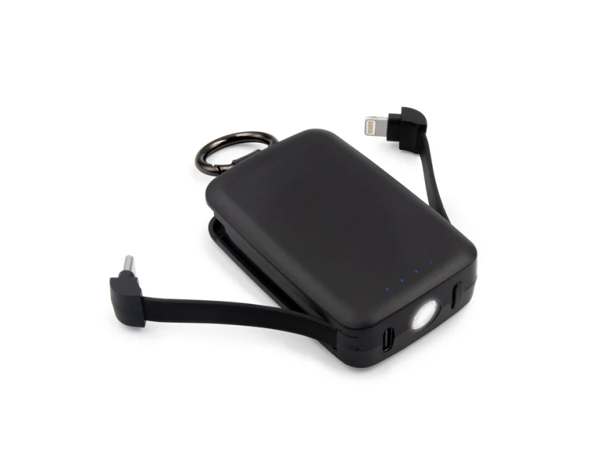 Czarny power bank 4000 mAh z karabińczykiem i lampką LED