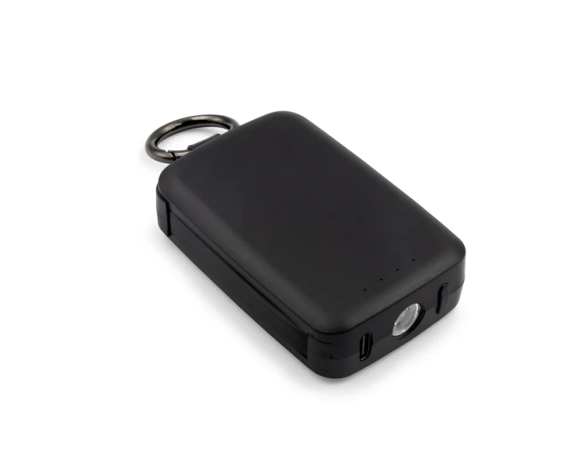 Czarny power bank 4000 mAh z karabińczykiem i lampką LED