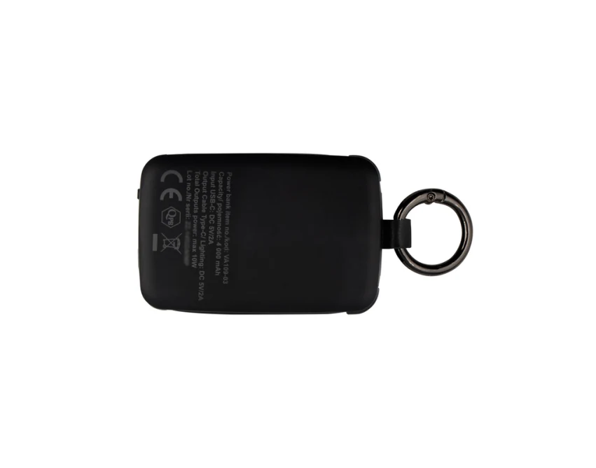 Czarny power bank 4000 mAh z karabińczykiem i lampką LED