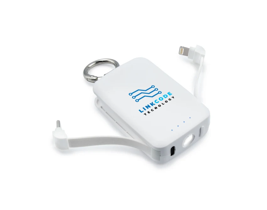 Biały power bank 4000 mAh z karabińczykiem i latarką LED