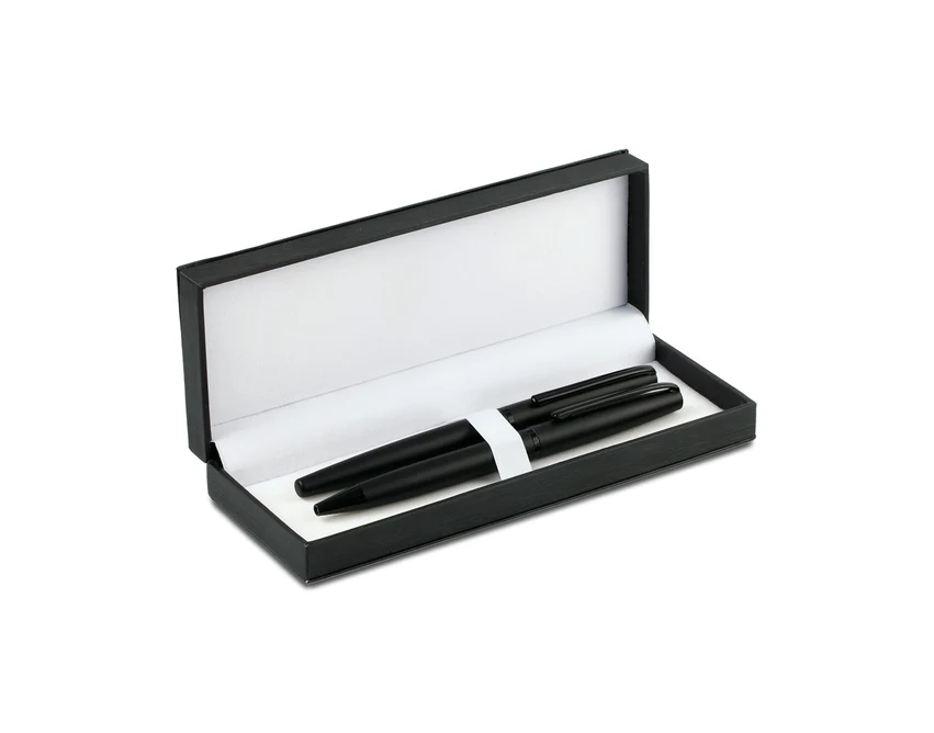 San Juan czarny zestaw piśmienniczy z grawerem logo firmy