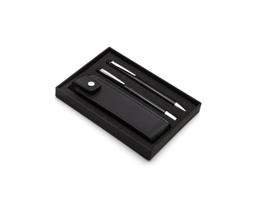 Niebieski zestaw piśmienniczy Curitiba z grawerem logo