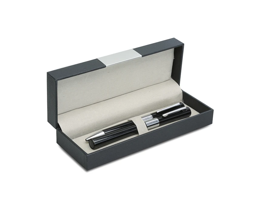 Czarny zestaw piśmienniczy Sandglass z logo w etui