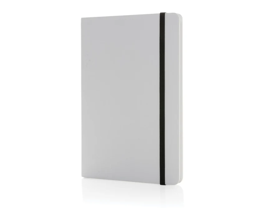 Biały notatnik A5 z papieru kamiennego z logo firmy