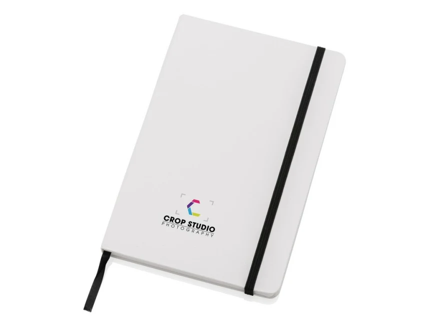 Biały notatnik A5 z papieru kamiennego z logo firmy