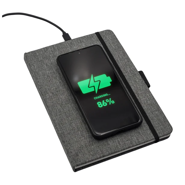 Szary notes A5 RPET z ładowarką indukcyjną i logo firmy