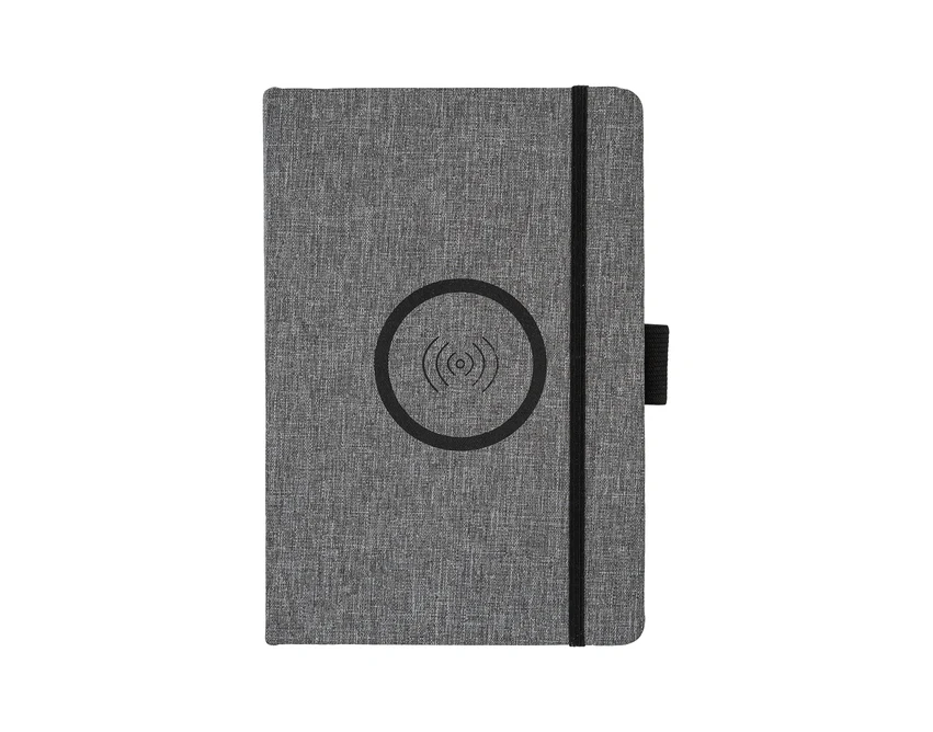 Szary notes A5 RPET z ładowarką indukcyjną i logo firmy