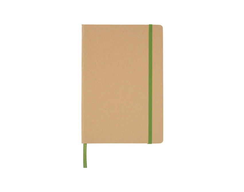 Beżowy notes A5 Simply z zieloną gumką i logo, kratka