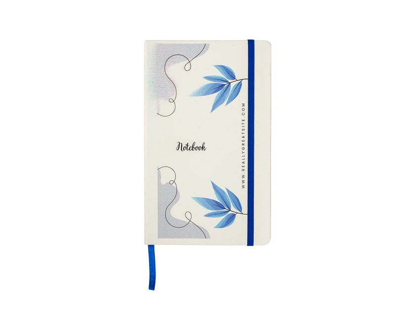 Notes książkowy eco niebieski z logo, gumka i tasiemka