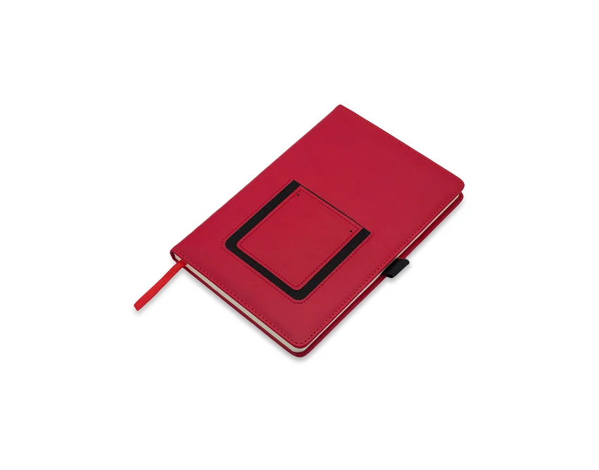 Czerwony notes A5 z kieszonką na telefon i logo firmy