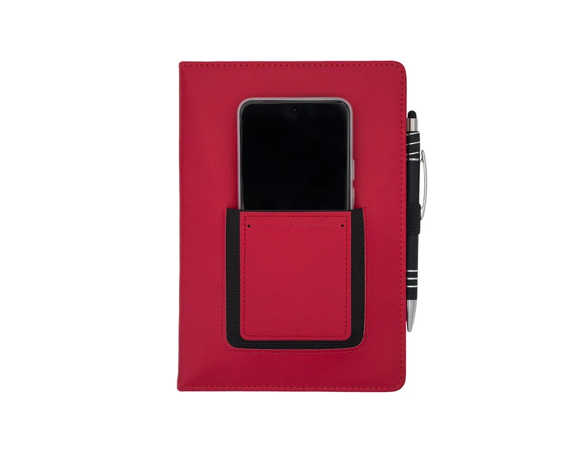 Czerwony notes A5 z kieszonką na telefon i logo firmy