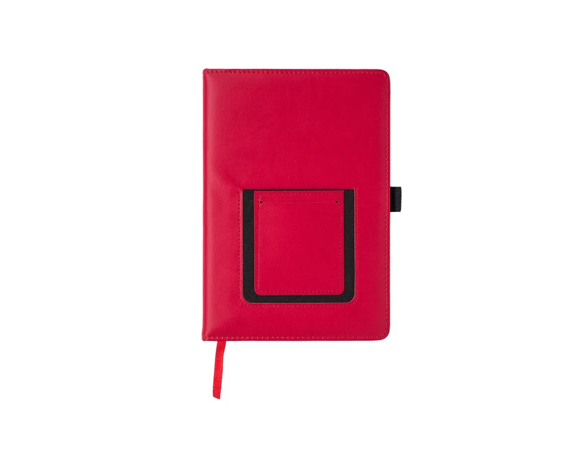 Czerwony notes A5 z kieszonką na telefon i logo firmy