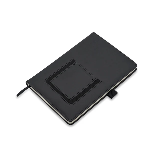 Czarny notes A5 z ekoskóry, kieszeń na telefon, logo firmy