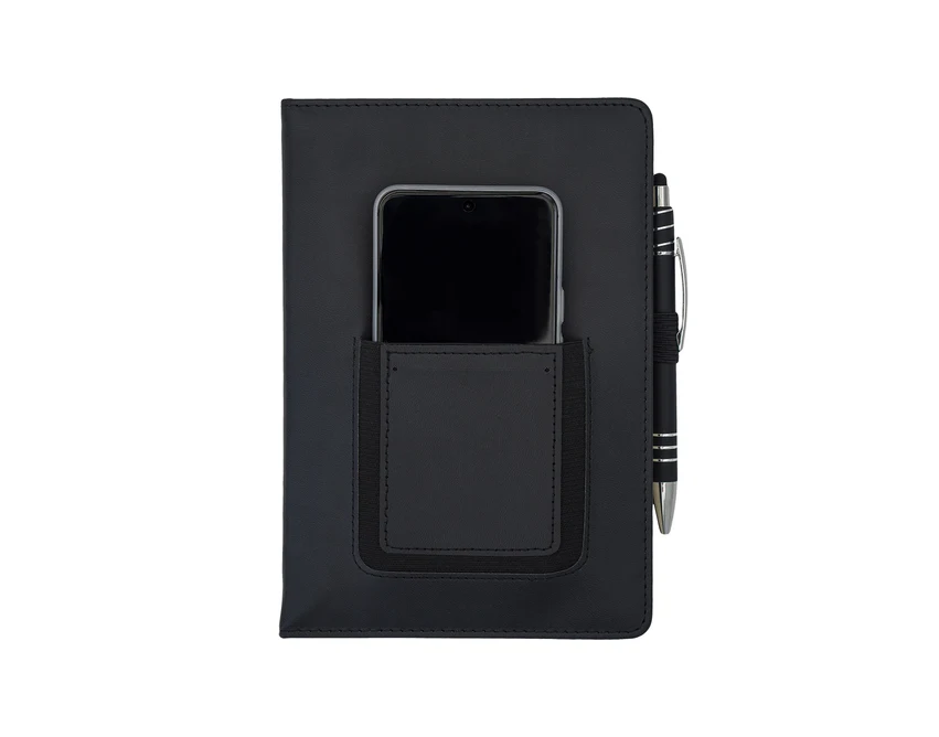 Czarny notes A5 z ekoskóry, kieszeń na telefon, logo firmy