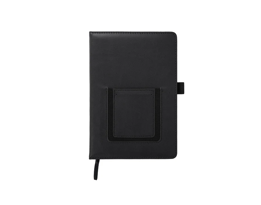 Czarny notes A5 z ekoskóry, kieszeń na telefon, logo firmy