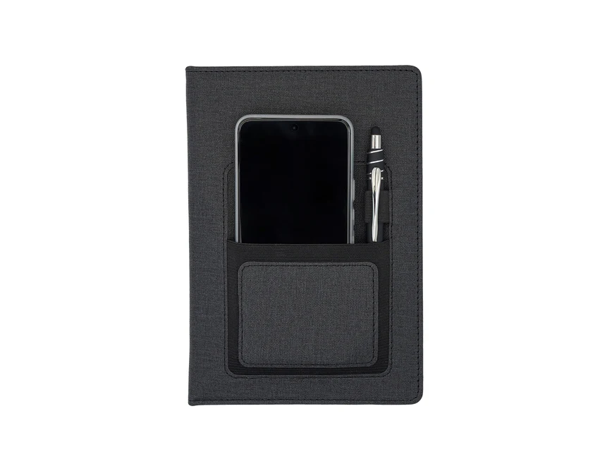 Czarny notes A5 z kieszonką na telefon i logo firmy