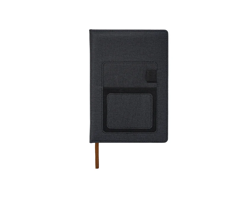 Czarny notes A5 z kieszonką na telefon i logo firmy