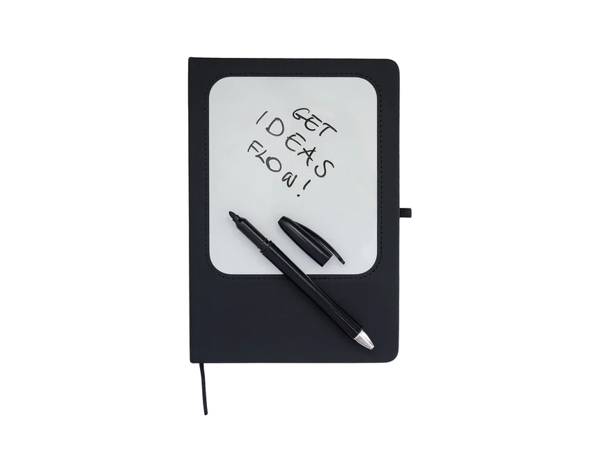 Czarny notes A5 z tablicą suchościeralną i logo firmy