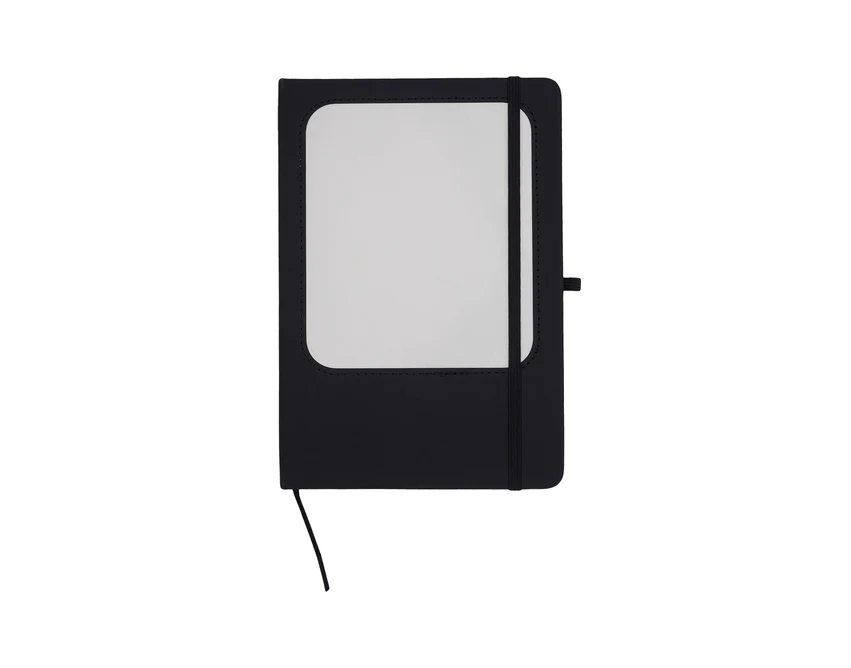 Czarny notes A5 z tablicą suchościeralną i logo firmy