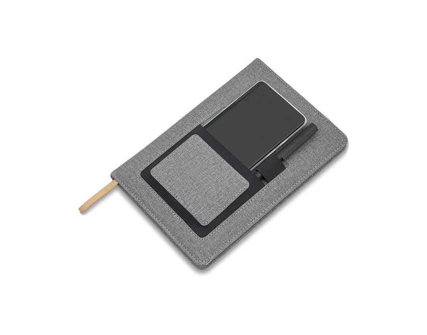 Szary notes A5 Irun z kieszonką na telefon i nadrukiem logo