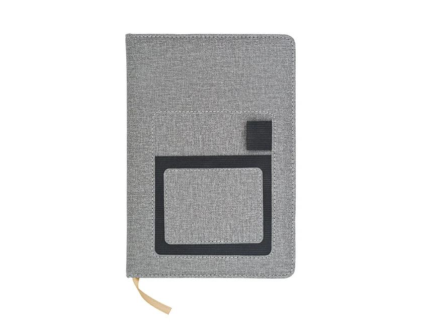 Szary notes A5 Irun z kieszonką na telefon i nadrukiem logo