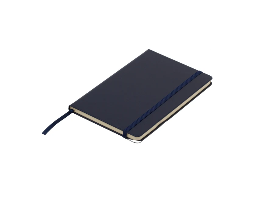 Granatowy notes Asturias 13x21 cm z logo i gumką, 80 kartek