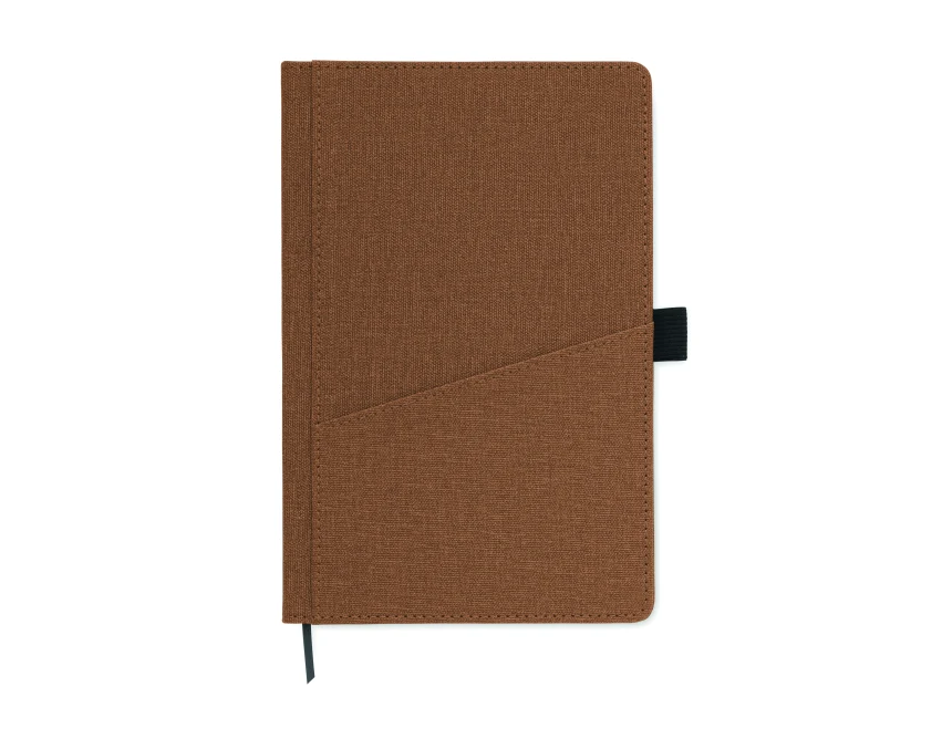 Brązowy notatnik A5 z nadrukiem i kieszenią na telefon