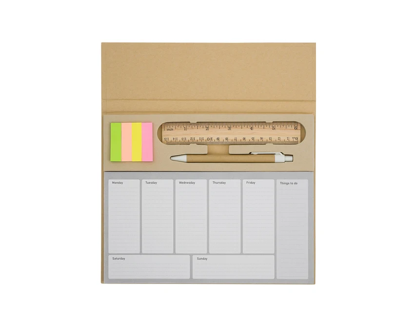 Brązowy planer Melle z drewnianą linijką i logo firmy