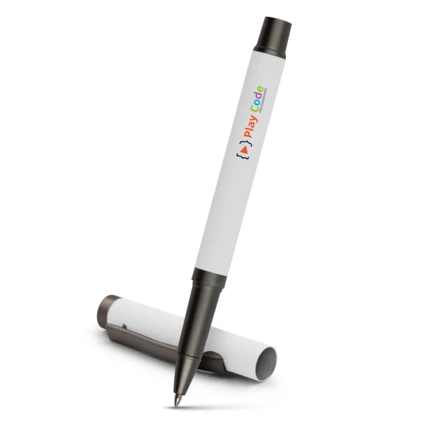 Biały długopis żelowy Geraldine z logo, gumowany, 0.7 mm