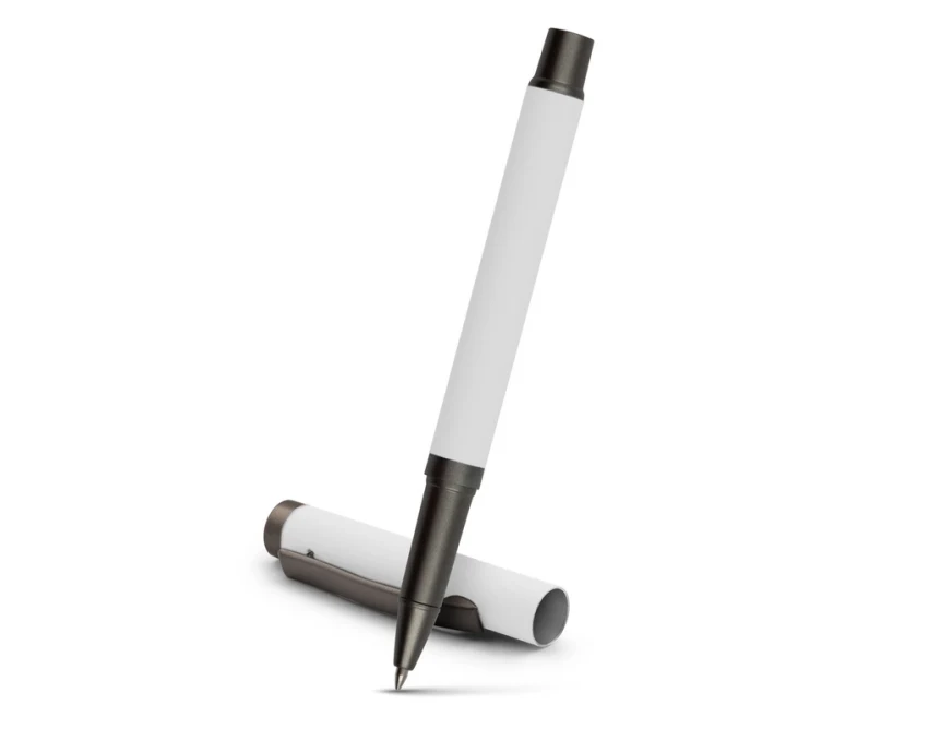 Biały długopis żelowy Geraldine z logo, gumowany, 0.7 mm