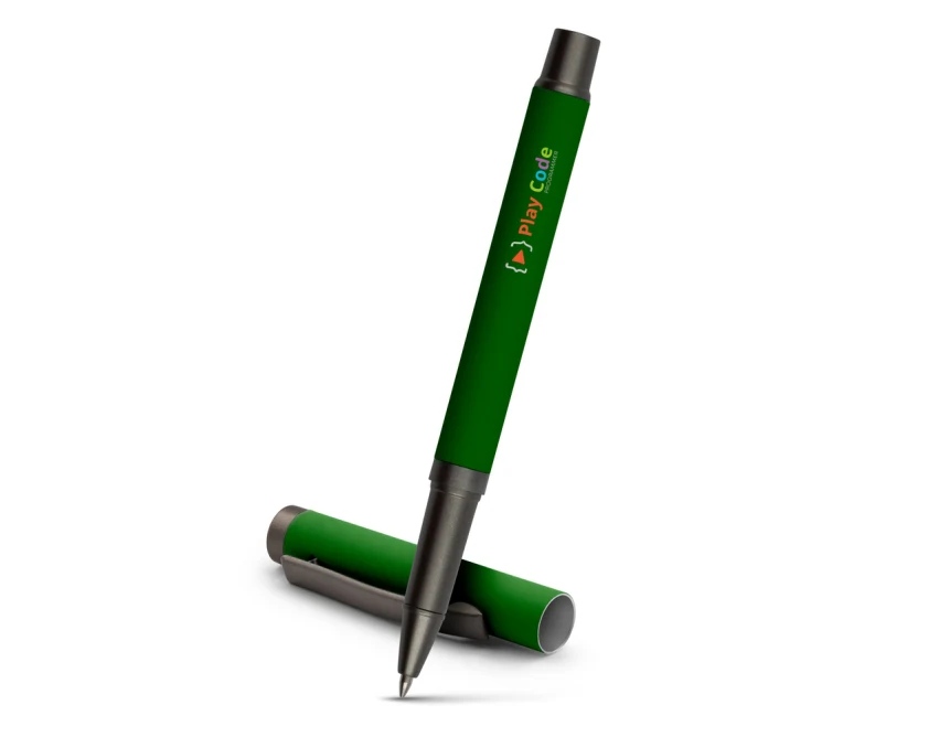 Zielony długopis żelowy Geraldine z logo i gumowaną powierzchnią