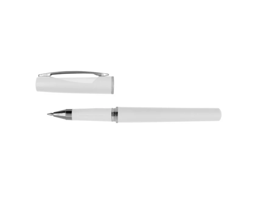 Biały długopis żelowy z logo i metalowym klipsem
