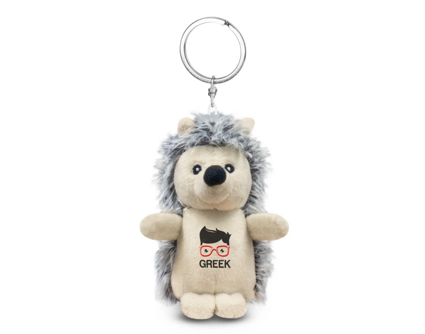 Pluszowy brelok jeż szary z logo firmy – unikatowy gadżet