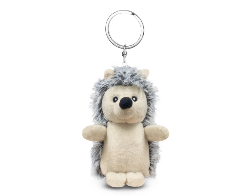 Pluszowy brelok jeż szary z logo firmy – unikatowy gadżet