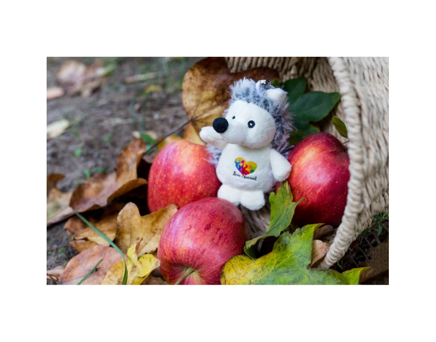 Pluszowy brelok jeż szary z logo firmy – unikatowy gadżet