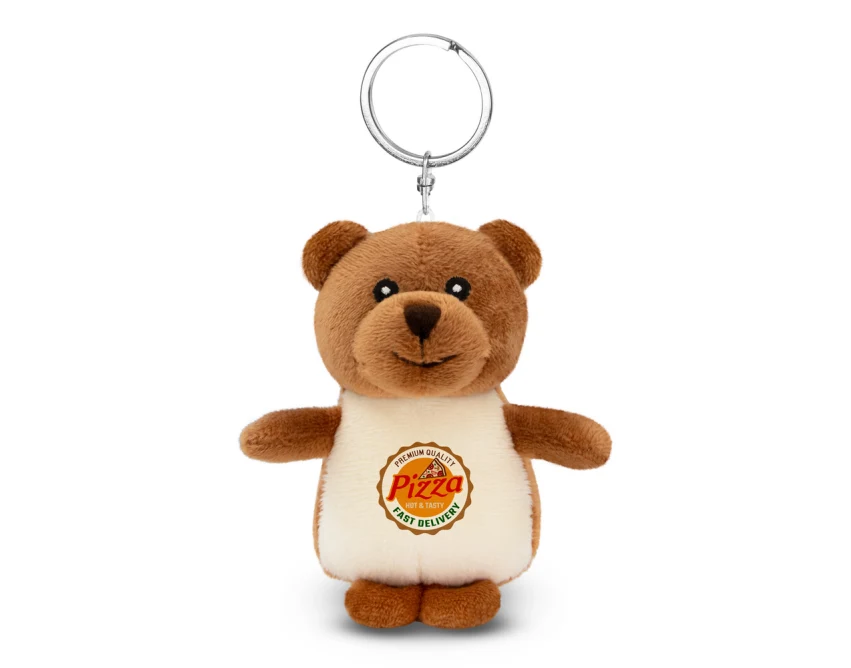 Brązowy pluszowy brelok miś z logo – gadżet dla dzieci