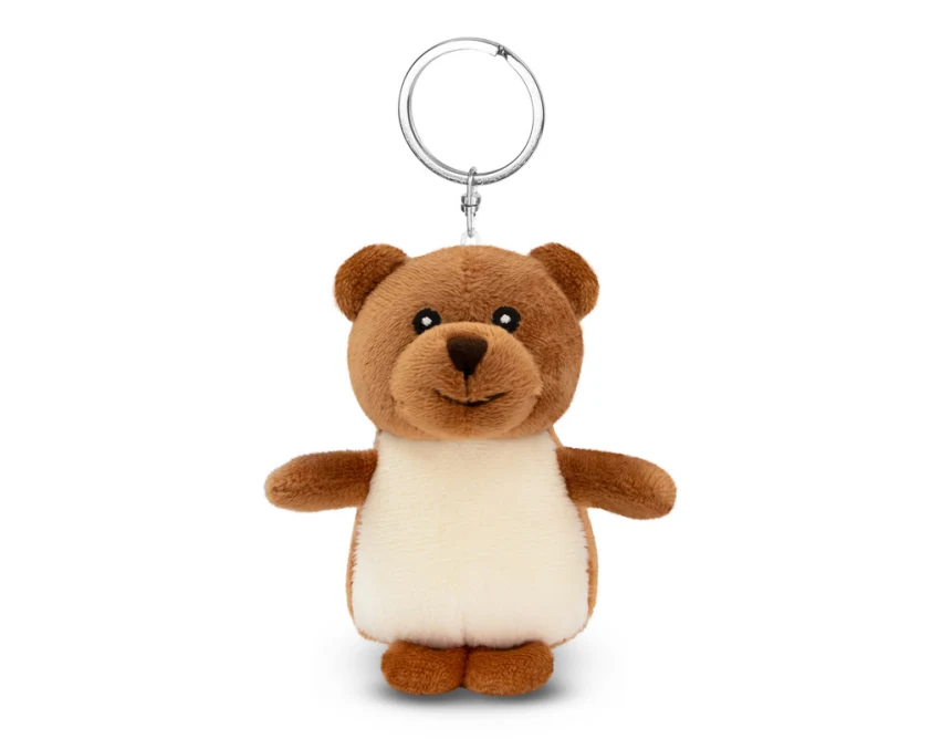 Brązowy pluszowy brelok miś z logo – gadżet dla dzieci