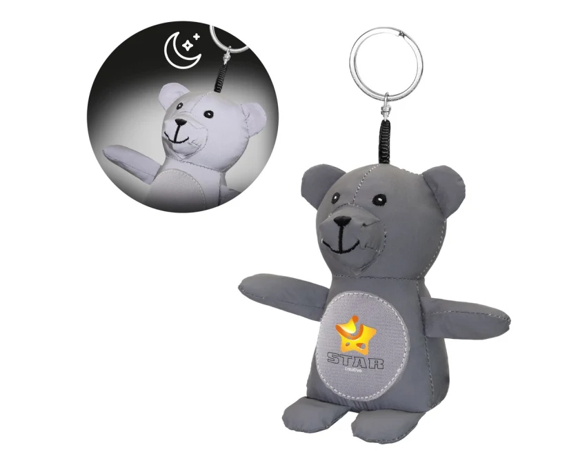 Szary brelok miś odblaskowy z logo – gadżet z poliestru