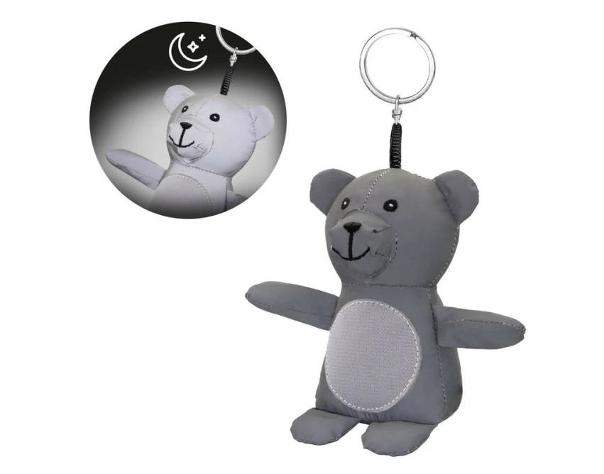 Szary brelok miś odblaskowy z logo – gadżet z poliestru