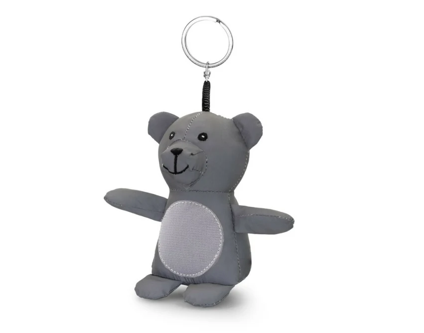 Szary brelok miś odblaskowy z logo – gadżet z poliestru