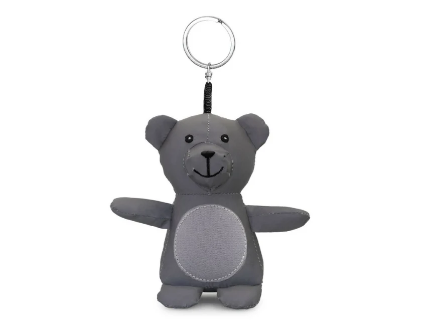 Szary brelok miś odblaskowy z logo – gadżet z poliestru