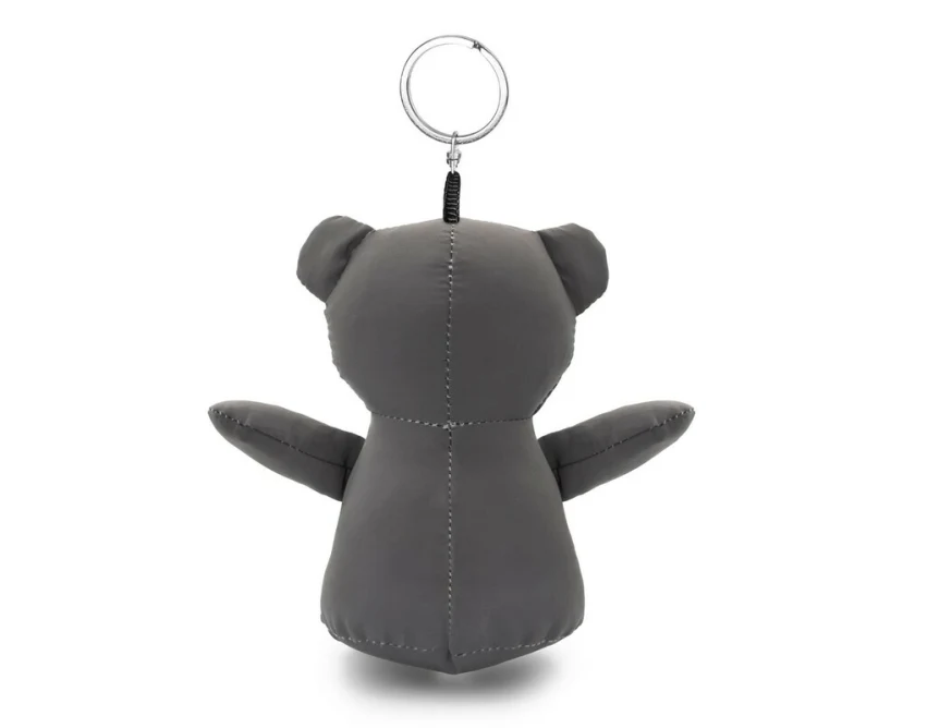 Szary brelok miś odblaskowy z logo – gadżet z poliestru