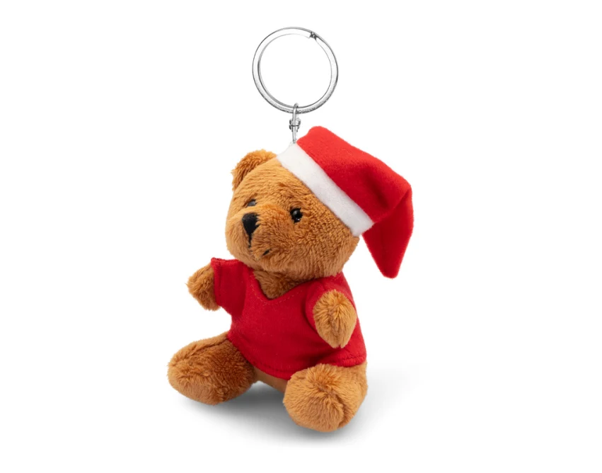 Brązowy brelok pluszowy miś z czapką Mikołaja i logo