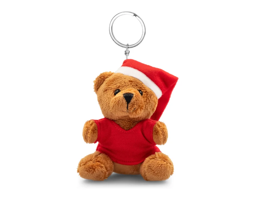 Brązowy brelok pluszowy miś z czapką Mikołaja i logo